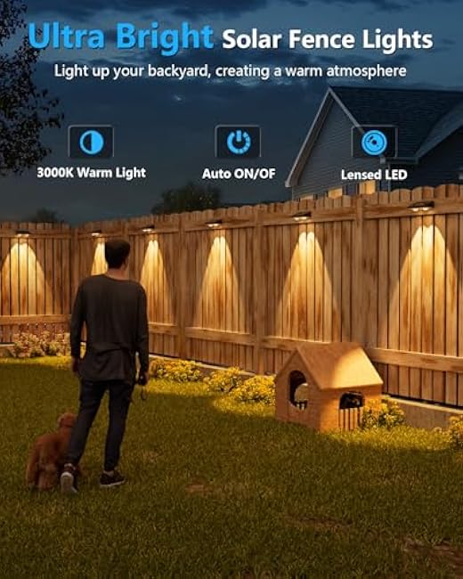 VOLISUN Solar Fence Lights, 12 Pack Solar Powered Fence Lights Outdoor with Warm White LED Spot Lens, IP65 Waterproof Fence Solar Lights Outdoor for Patio, Backyard, Railing, Deck¨×Black¨Ø