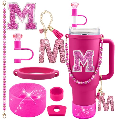 Hpebl 8PCS Hot Pink for Stanley Cup Accessories 30/40 OZ Bling Rhinestones Initials Charms for Stanley Decorations Tumbler Accessories Set Including Diamond Straw Topper, Silicone Boot（Letter T）