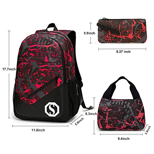 Camtop School Backpack Boys Kids School Bookbag Set Student Backpack With Lunch Box And Pencil Case (Graffiti - Red) #TOP6
