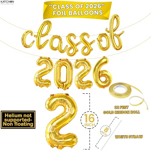 Image of Graduation Decorations 2026 | Gold Class of 2026 Balloons Banner - Script, 16 Inch | Graduation Balloons 2026 | Class of 2026 Balloon for Grad Decorations, KatchOn