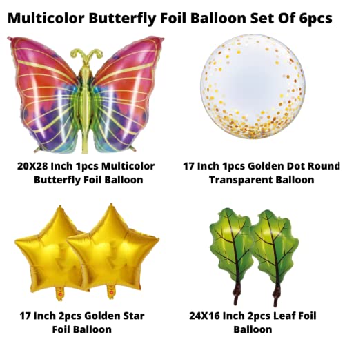 Image of Party Decorz Multicolor Butterfly Foil Balloon Set Of 6pcs (1pcs Butterfly Foil Balloon+ 2pcs Star Foil Balloon+2pcs Leaf Foil Balloon +1pcs Transparent Balloon) For Kids Butterfly /Summer Theme Party