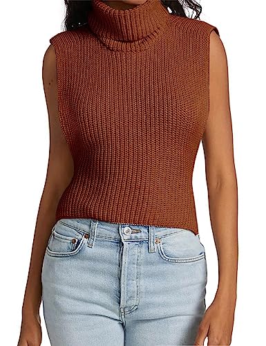 Image of Womens Sleeveless Sweater Vest Turtleneck Ribbed Knit Tank Tops Basic Slim Fit Top