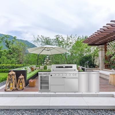 QUAWIP 43 Inch 6 Hearth 85,000 BTU Deluxe Stainless Steel Gas Outdoor Kitchen Bar Barbecue Island Grill, Wine Cooler Small Refrigerator, Grill, Granite Countertops, Storage Cabinets and Drawers