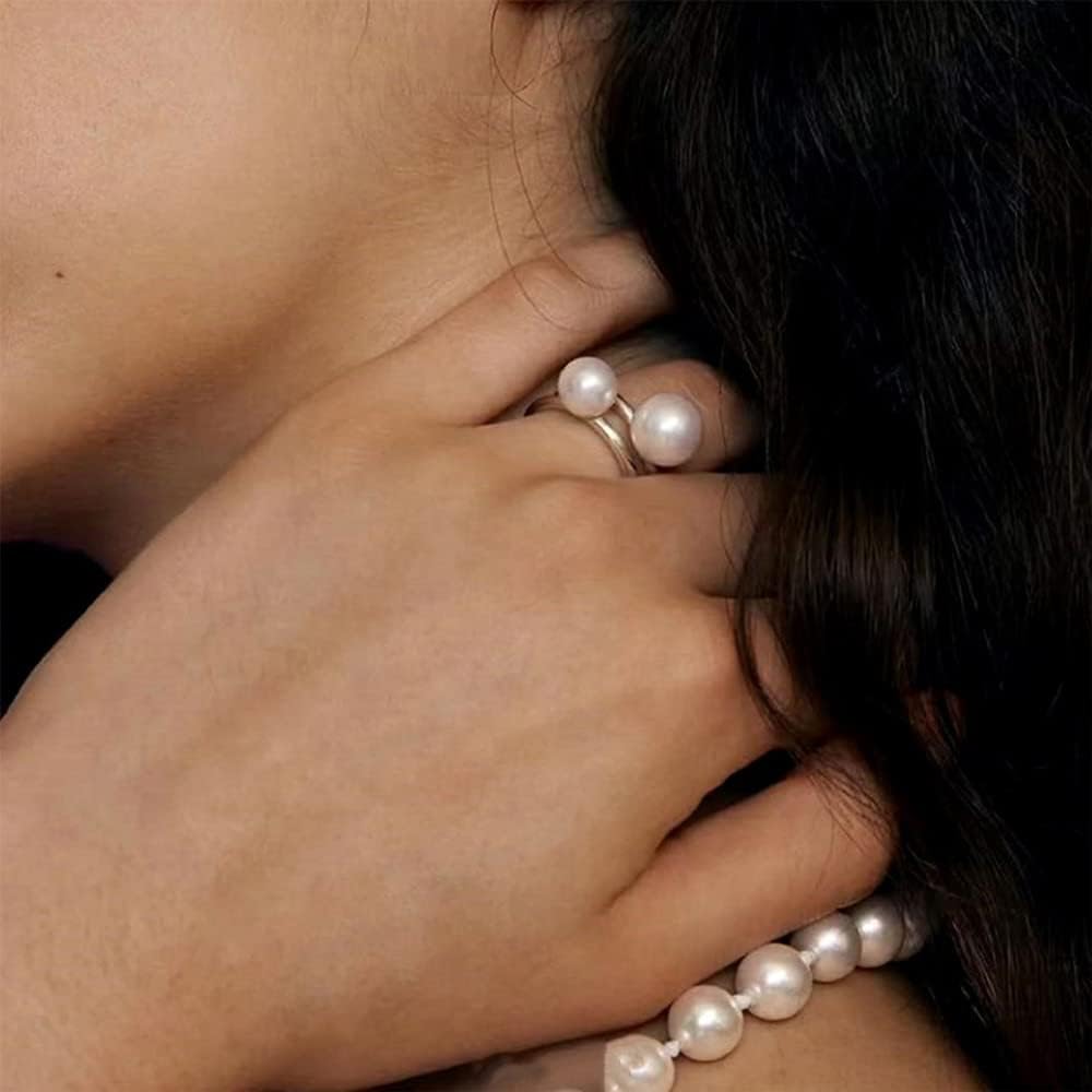 Dtja Shell Pearl 925 Sterling Silver Ring for Women Girls Adjustable Expandable Round Ball Wedding Statement Finger Rings Comfort Fit Simple Elegant Engagement Promise Birthday Jewelry Gift