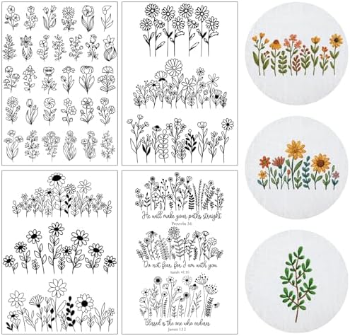 Flower Water Soluble Embroidery Patterns - 4 Sheets 39 Pcs Stick and Stitch Embroidery Papers Wash Away Pre-Printed Floral Christian Pattern Transfers, Customized Gift for Hand Sewing Lover Beginners