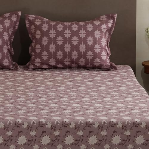 Image of Layers 100% Cotton Double Size Bedsheet Set | Brown Floral Print | 120 TC Forever Collection | Soft & Breathable | Washable Bedsheet with 2 Pillow Covers | All Season
