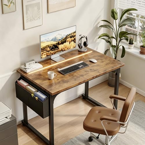 Image of DurayLoly 32 inch Computer Desk with Waterproof LED Lights,Bedroom Study Desk for Teens,Dorm Room Essentials,Headphone Hook&Storage Bag for Small Spaces,Sturdy Metal Frame,Rustic Brown