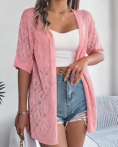 Image of Sulozom Crochet Summer Cardigans for Women Lightweight Short Sleeve Open Front Kimono Boho Beach Vacation Clothes