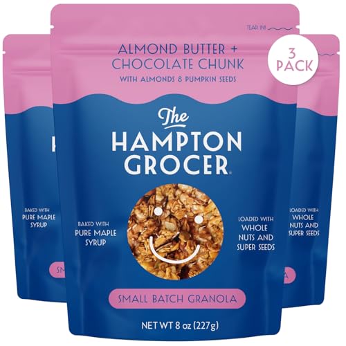 The Hampton Grocer Almond Butter & Chocolate Chunk Granola, 3 pack - Gluten-Free, Dairy-Free, Organic Oats & Pumpkin Seeds, Sweetened with Maple Syrup - Low Sugar, Crunchy, Small-Batch, 8oz