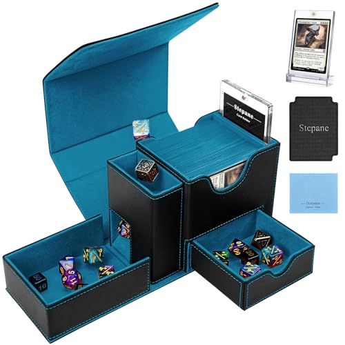 Stepane MTG Deck Box for Commander Display with Dice Tower, Fits 100 Double-Sleeved Cards for TCG/PTCG, Multifunctional Card Storage Box, with a 35PT Magnetic Card Holder (Black Cyan)