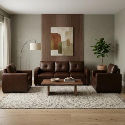 Image of FURNY Hermon 5 Seater Premium Leatherette 3+1+1 Sofa Set (Brown) Premium Finish | Durable Comfort | Ideal for Living Room