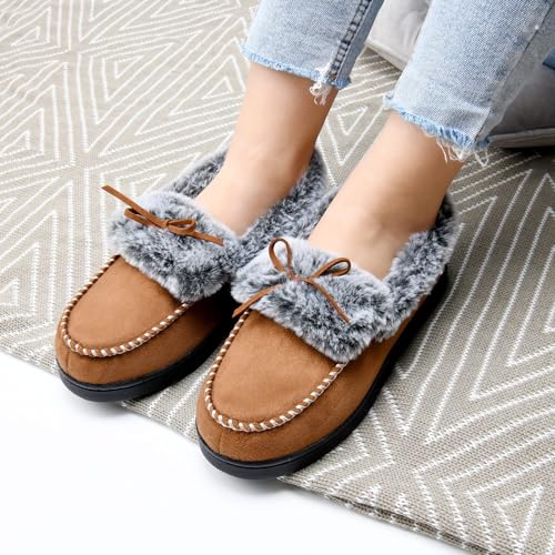 Image of DL Womens Fuzzy Warm Moccasin Slippers Memory Foam, Soft Fluffy Women's Winter House Slipper Closed Back Fur Lined, Cozy Ladies Suede Indoor Bedroom Houseshoes Non-Slip
