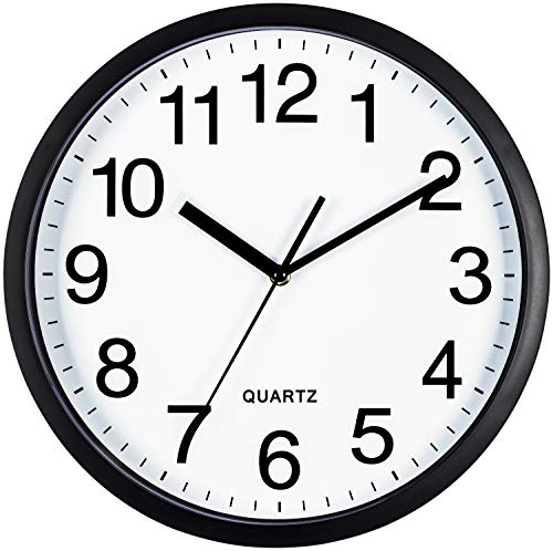 Image of Bernhard Products Black Wall Clock Silent Non Ticking 10 Inch Quality Quartz Battery Operated Round Easy to Read Home /Office /Classroom /School Clock, Sweep Movement