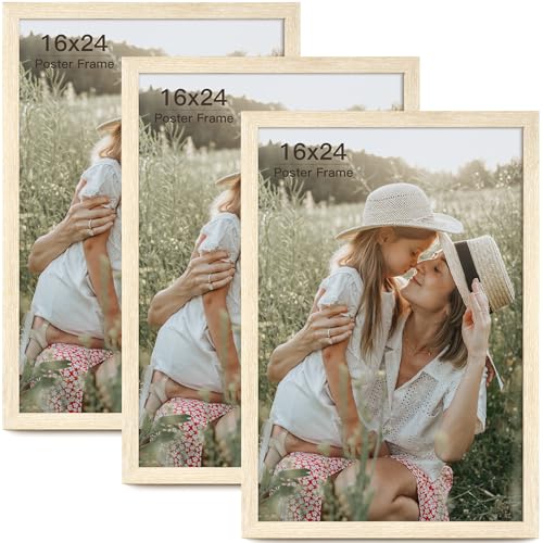 Momentworth 16x24 Frame Set of 3, Natural Wood Grain 16x24 Poster Frame for Gallery Wall Mounting...