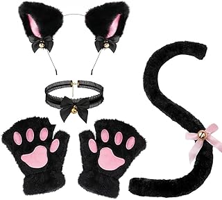 Sucodver 猫耳 カチューシャ 肉球手袋 尻尾 チョーカー 鈴付き やわらかい ハロウィン コスプレ 小物 4点セット (ブラック)