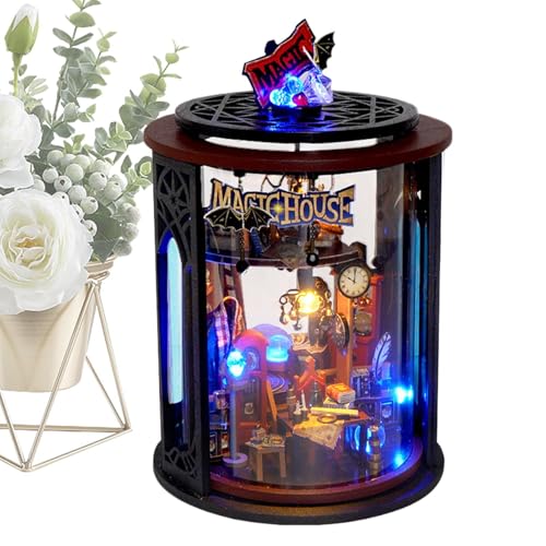 Casa en miniatura, kit de casa en miniatura, juego de juntas en miniatura para decoración de estanterías, kit de casa en miniatura con luces LED, kit de modelo de rincón de libros en miniatura fácil d
