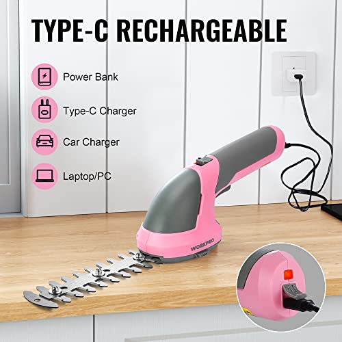 Workpro Cordless Grass Shear & Shrubbery Trimmer - 2 In 1 Handheld Hedge Trimmer 7.2V Electric Grass Trimmer Hedge Shears/Grass Cutter Rechargeable Lithium-Ion Battery And Type-C Cable - Pink Ribbon #TOP6