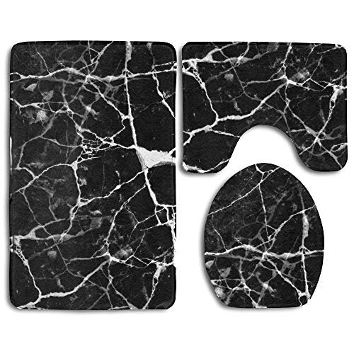 fengxutongxue Bath Rug Set, Marble Print Black White Skidproof Flannel Contour Rugs, Antibacterial Toilet Cover Mat for Men Women Kids, Bathroom Rugs, Bathroom Accessories