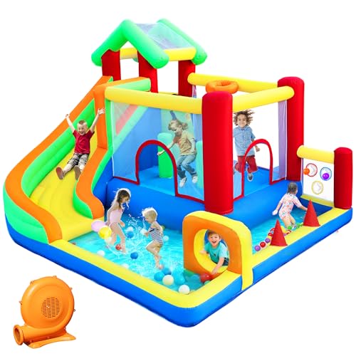 Condition photo showing New/Like New for bounce house, inflatable bounce castle with blower for kids indoor outdoor, blow up jumping castle with ball pit, slide, climbing wall, dart target, basketball hoop