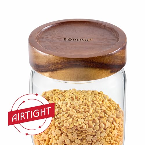 Image of Borosil Glass Jar with Acacia Wood Lid | Borosilicate Glass Storage Jar for Dry Fruits, Spices & Snacks | Airtight Glass Container for Kitchen & Pantry (Tallwood, 600 ml)