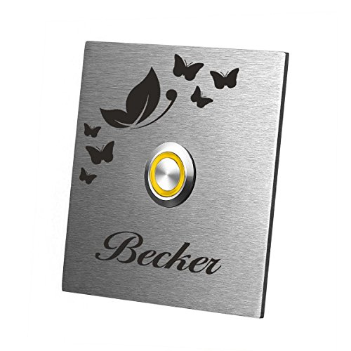 polar-effekt Sonnette de porte personnalisée en acier inoxydable V2a - 9 x 9 cm - Plaque de sonnette avec gravure - Bouton de sonnette jaune - Plaque de sonnette cadeau pour pendaison de crémaillère