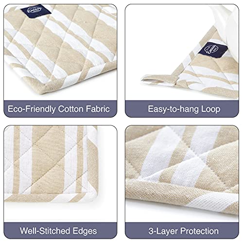 Image of Encasa XO Oven Microwave Pot Holders Trivets 21 cm (2 pc) for Kitchen Cooking & Baking - Heat Resistant, Thick & Safe, Protection of Hands from Hot Utensils, Grill, BBQ - Franca Beige Stripes