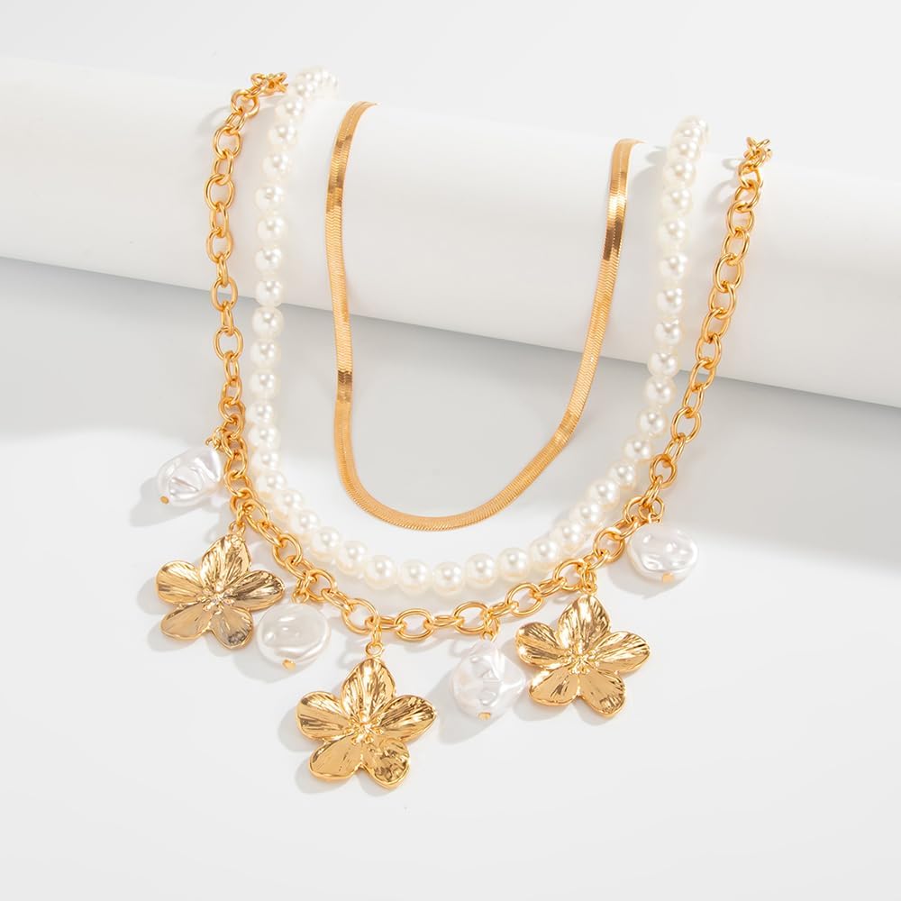 wekicici Chunky Golden Flower Necklace for Women Layered Baroque Pearl Choker Necklace Vintage Flower Pendant Herringbone Chain Stackable Necklace Trendy Fashion Jewelry Gift - Image 5