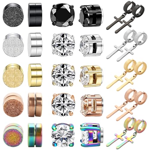 Image of NEWITIN 15 Pairs Magnetic Stud Earrings for Men Stainless Steel Magnetic Earrings Men Clip on Earrings Non Piercing Cross Earrings Unisex CZ Hoop Dangle Magnetic Earrings for Men Women