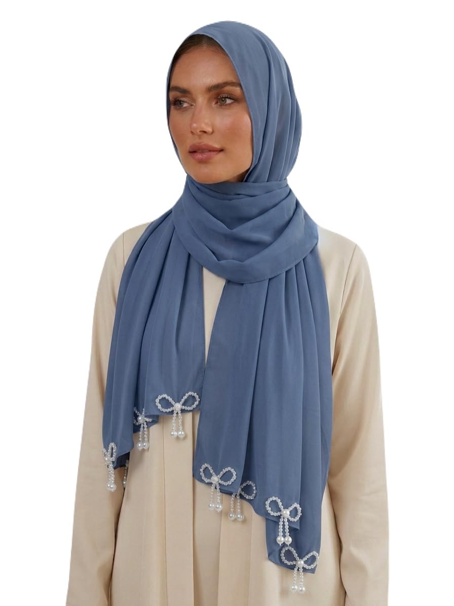 Buy QALB LUXURIA DENIM BLUE PEARL CRYSTALS WORK HIJAB/STOLE