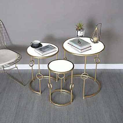 DDS Dream Decor Shoppee Farmhouse Accent Coffee Table Simple Modern Bedside Cabinet Small Round Table MDF Top Metal Table Living Room Sofa-(Golden & White)