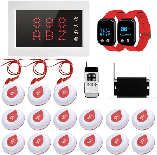 WNKRUN Caregiver Pager System Nurse Calling System 1200+ft Wireless Calling System with 1 Display Receiver/2 Watch Pagers/1 Signal Amplifier/15 Call Buttons for Clinic/Hospital/Nurses Station/Home