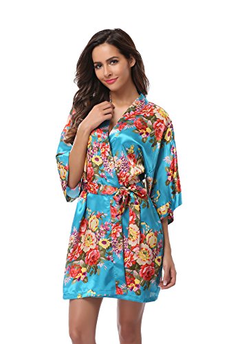 Women's Short Floral Kimono Robe Satin Bridesmaid Bathrobe Silk nightwear for Bridal Wedding Party Blue L