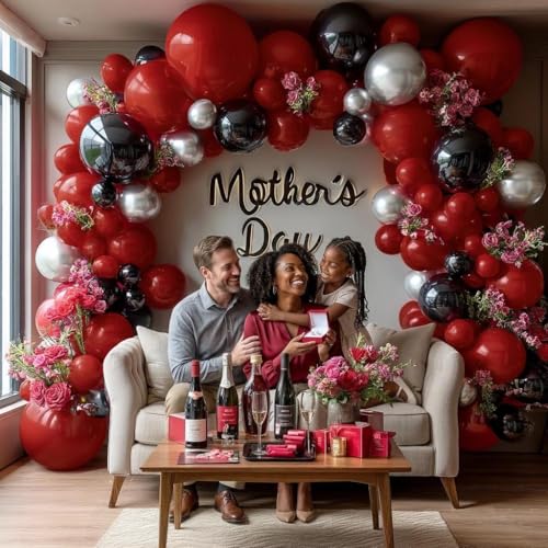 Image of Red Black Balloon Arch, Double Stuffed Dark Ruby Red Black Silver Balloon Garland Kit Burgundy Maroon Balloons for Birthday Wedding Valentines Day Baby Shower Engagement Graduation Party Decor