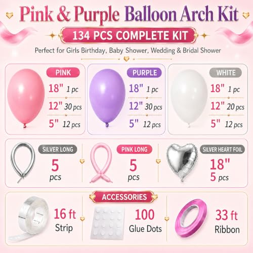Image of Pink and Purple Balloon Arch Kit - Purple and Pink Balloons Garland with Silver Heart Foil for Girls Birthday Party, Baby Shower, Wedding, Bridal Shower, and Princess Theme Decorations