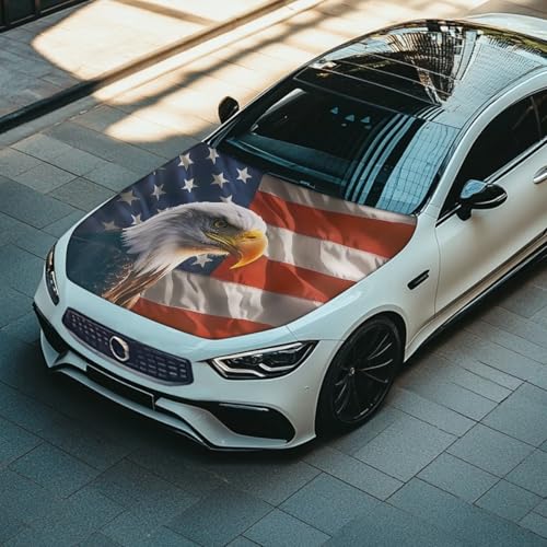 Image of USA Flag Eagle Hood Cover Protector for SUV Trucks Sedans, 59x39 Inch Stretchable Car Hood Wrap Blankets, Waterproof Sun-Proof Auto Exterior Accessories