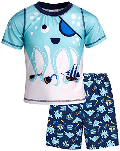 Freestyle Revolution Little Boys' Rashguard Set - Swim Shirt and Trunks Swimwear Set (Infant/Toddler/Little Boys) (Teal Octopus, 5)
