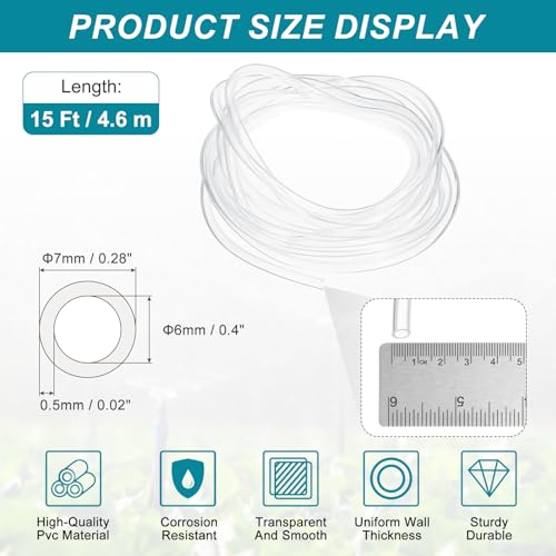sourcing map Clear PVC Tubing, 6mm ID x 7mm OD - 15ft PVC Tube Lightweight Vinyl Hose, Transparent Flexible Plastic Water Tubing for Air Oil Water Transfer Aquarium Irrigation