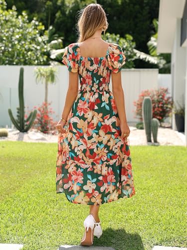 Simplee Womens Summer Floral Flowy Maxi Dress Flutter Sleeve Smocked Wedding Guest Square Neck A Line Tiered Casual Dresses Green Red — view 6