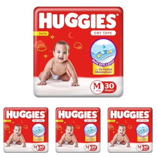 Image of Huggies Complete Comfort Dry Tape Medium (M) Size Baby Tape Diapers, 30 count, with 5 in 1 Comfort (Pack of 4)