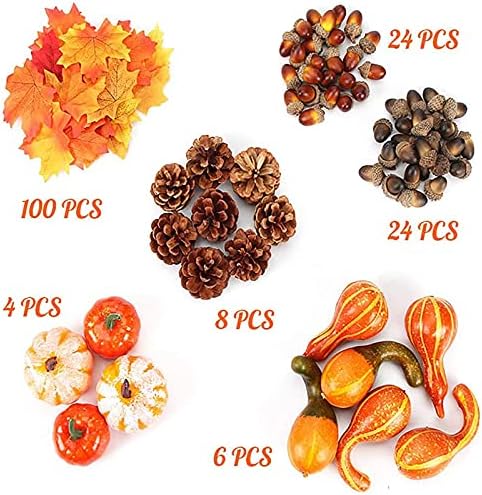 166 Pcs Thanksgiving Artificial Pumpkins Decorations Set with, Maple Leaf, Foam Pumpkin, Small Acorns, Pine Cones and Gourds for Autumn, Festival Halloween, Fall Harvest Home Table Decoration