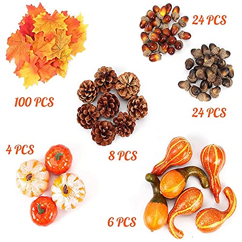166 Pcs Thanksgiving Artificial Pumpkins Decorations Set with, Maple Leaf, Foam Pumpkin, Small Acorns, Pine Cones and Gourds for Autumn, Festival Halloween, Fall Harvest Home Table Decoration