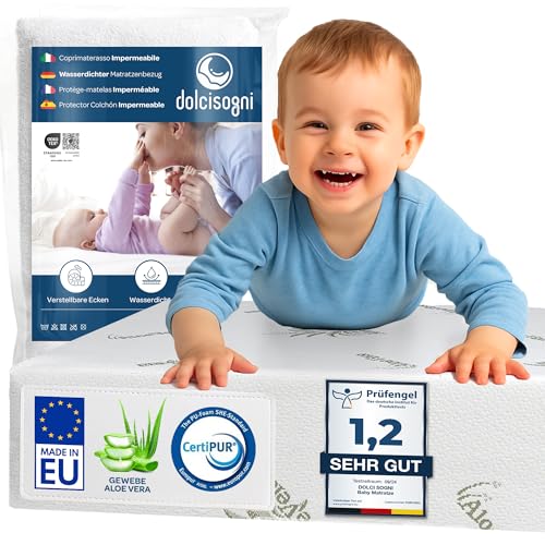 DOLCI SOGNI Matratze Kinderbett 50x83 cm Bundle mit wasserdichtem Matratzenschoner (2 Stück) – integrierter Aloe Vera Matratzenbezug – Ökotex Zertifiziert – hergestellt in der EU