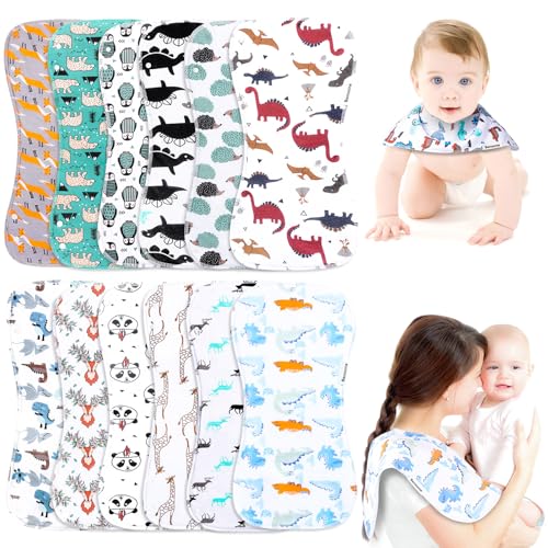 Image of Benoxine Baby Burp Cloths & Baby Bibs 2-in-1 Design Large Size 3 Layers Thicken Cotton Super Absorbent and Soft Baby Spit Up Burping Rags Baby Burp Cloth Set for Boys and Girls Solid 12 Pack