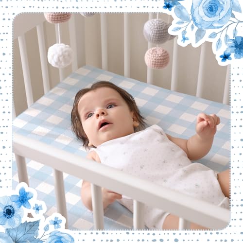 Image of Peryiter 2 Pack Blue Gingham Crib Sheets for Boys Coquette Bed Sheet Set Fitted 52'' x 28 inch for Standard Crib Mattress Stretchable Soft Toddler Aesthetic Nursery Decor