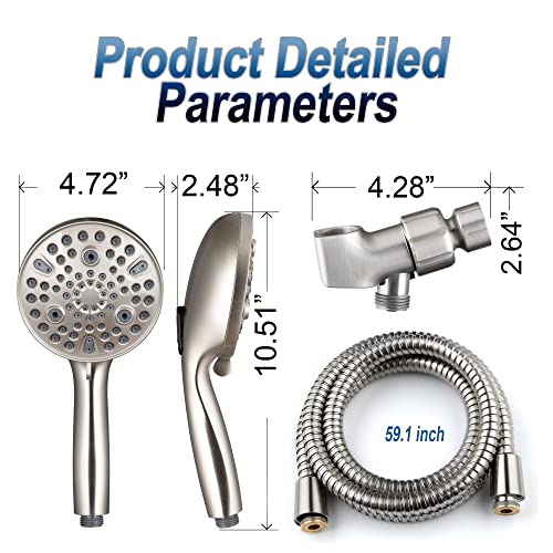 High Pressure Handheld Shower Head, 10-Setting Showerhead, 4.7”Detachable Showerhead Set With 5Ft Hose, Adjustable Bracket And Built-In Power Wash To Clean Tub, Tile & Pets - Brush Nickel #TOP3