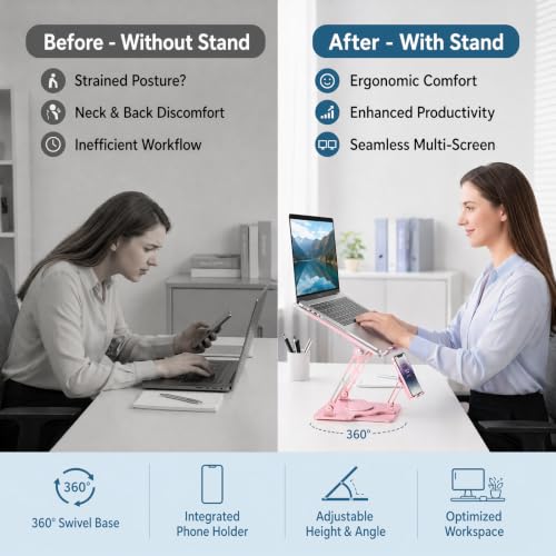Image of Laptop Stand for Desk,Adjustable Computer Stand with 360 Rotating Base,2-in-1 Laptop Stands with Phone Holder,Ergonomic Laptop Riser for Collaborative Work,fits for All 10-16 inch Laptops (Pink)