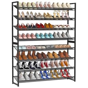 Large Shoe Rack 8 Tier, Heavy Duty Metal Shoe Organizer Shelf, 4-Tier Stackable Shoe Storage Rack for Closet Front Door Entrance, Up to 50 Pairs, 44.8″ Wx11.4 Dx56.7 H (Black, 8 Tier)