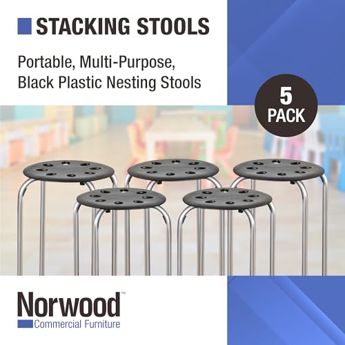 Image of Norwood Commercial Furniture Stacking Stools for Kids and Adults, 17.75 inch Standard Height Portable Nesting Office and Classroom Stools, Black /Silver, Pack of 5