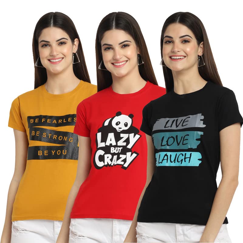 Image of Preneum Women's Cotton Regular Fit Graphic Stylish Printed Short Sleeves Casual T-Shirt || Trendy & Style (Pack 3)