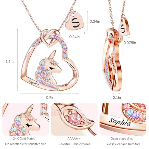 Easycosy Personalized Unicorn Necklace for Girls, 18K Gold Plated Custom Initial&Name Jewelry, Colorful CZ Heart Pendant Unicorn Birthday Gift for Little Girls Daughters Kids4